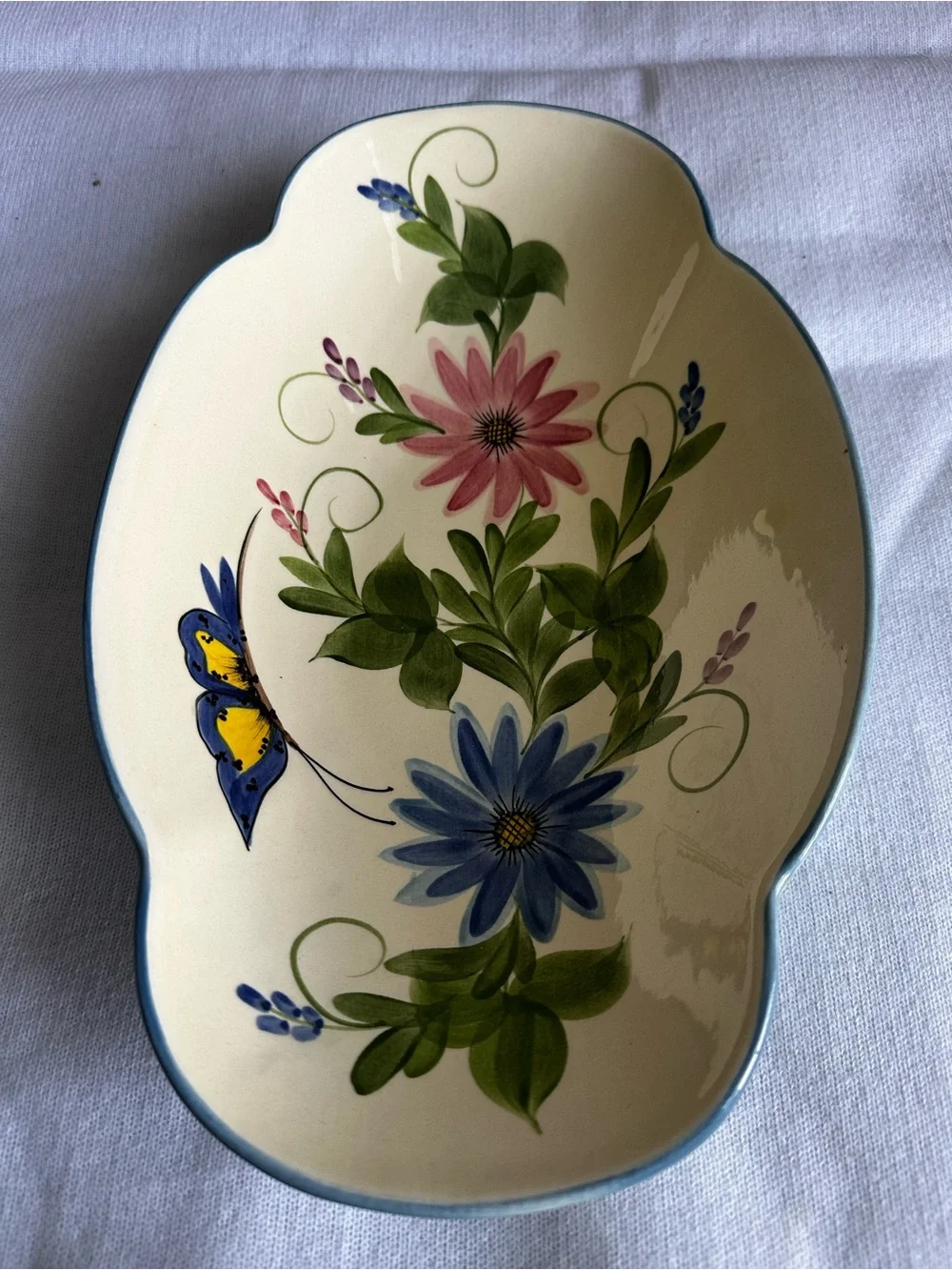Laurie Gates Hand-Painted Floral Ceramic Dish in Cream with Pink & Blue Flowers